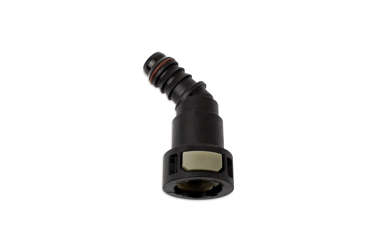 RaceFlux Hose Barb to Female Quick Connect, 45-Degree, Double Button
