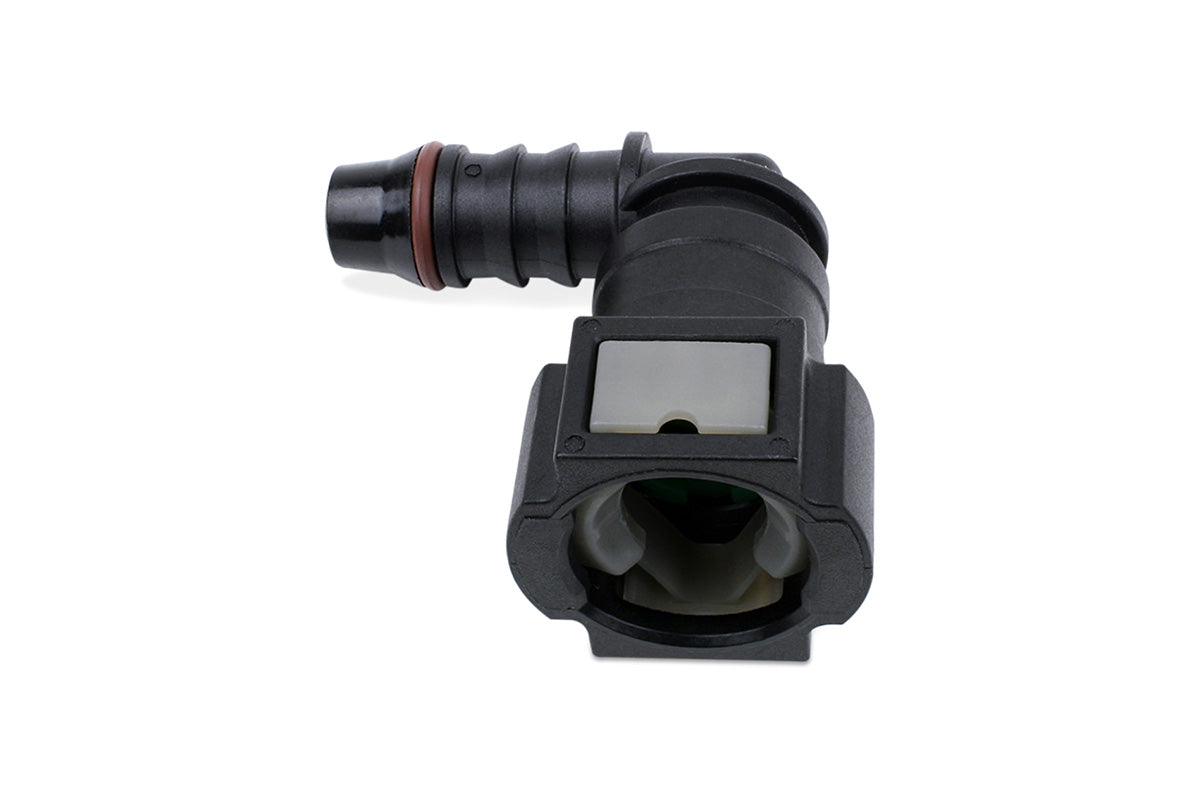 RaceFlux Hose Barb to Female Quick Connect, 90-Degree, Double Button