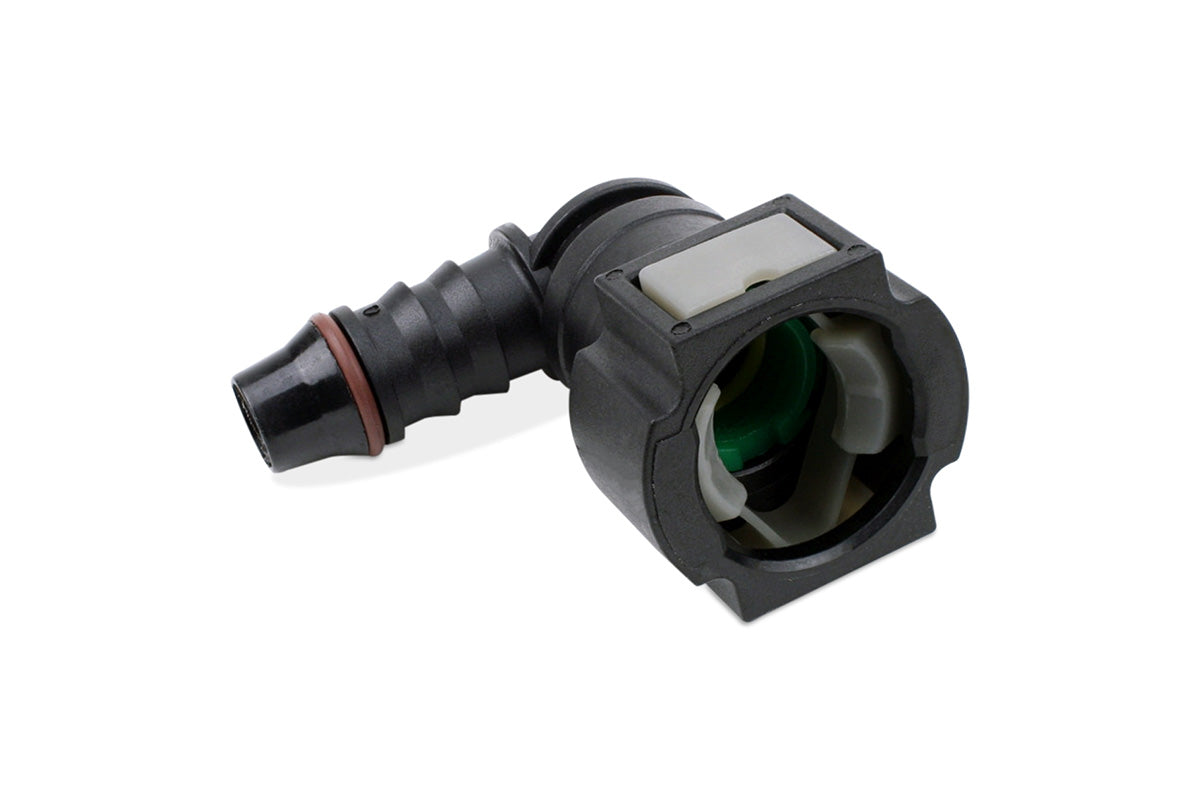 RaceFlux Hose Barb to Female Quick Connect, 90-Degree, Double Button