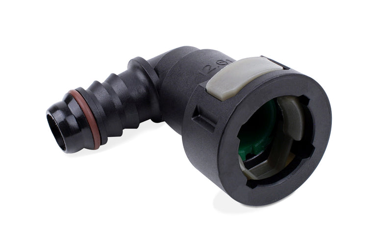 RaceFlux Hose Barb to Female Quick Connect, 90-Degree, Single Button