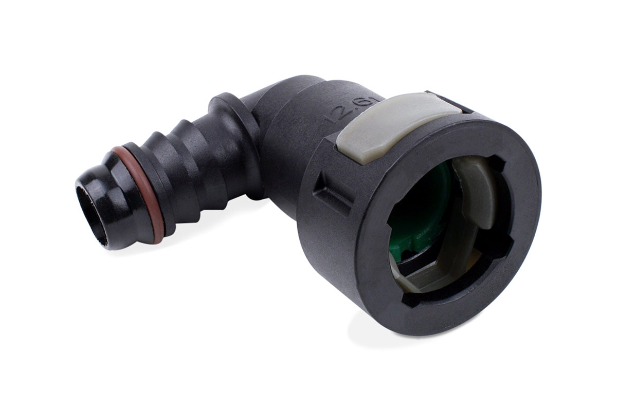 RaceFlux Hose Barb to Female Quick Connect, 90-Degree, Single Button