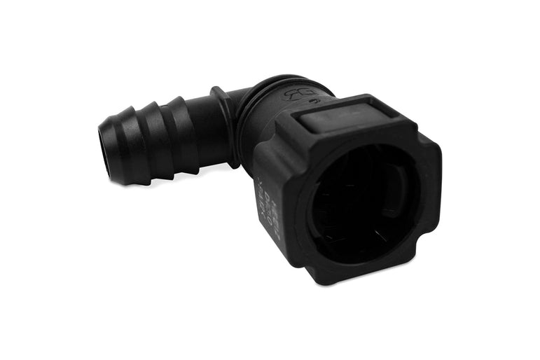 RaceFlux Hose Barb to Female Quick Connect, 90-Degree, Double Button