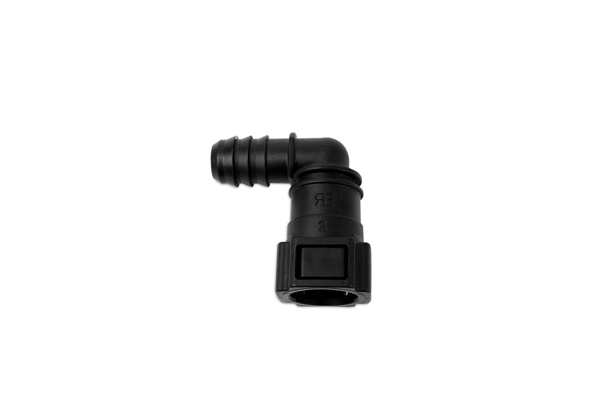 RaceFlux Hose Barb to Female Quick Connect, 90-Degree, Double Button
