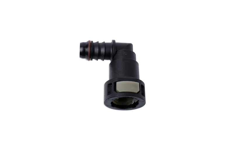 RaceFlux Hose Barb to Female Quick Connect, 90-Degree, Single Button