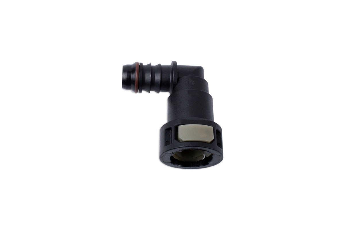 RaceFlux Hose Barb to Female Quick Connect, 90-Degree, Single Button