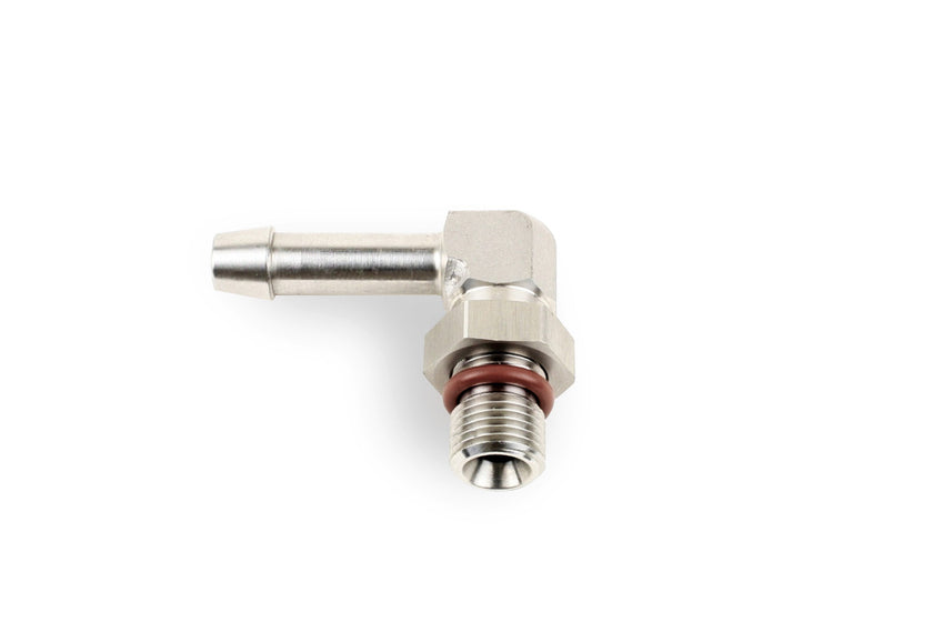 RaceFlux 90-Degree BSPP Male to 1/4" Barb Adapter Fitting, Stainless Steel