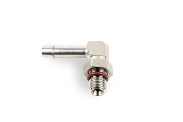 RaceFlux 90-Degree BSPP Male to 1/4" Barb Adapter Fitting, Stainless Steel
