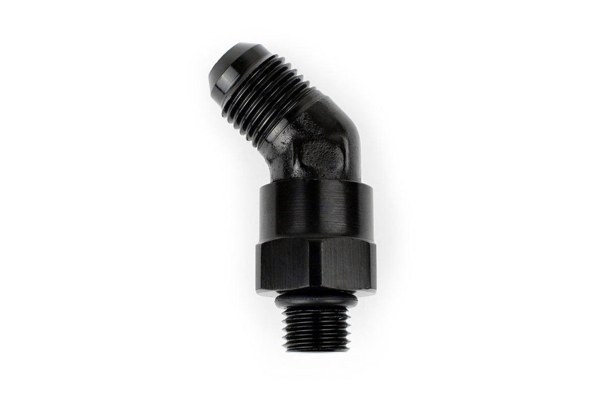 RaceFlux 45-degree AN O-Ring Boss to AN Male Flare Swivel Adapter Fitting