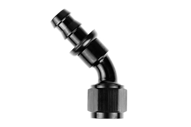 RaceFlux 45-Degree Push-Lock Hose End Fitting, Barb to AN Female