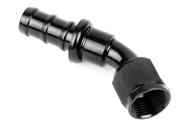 RaceFlux 45-Degree Push-Lock Hose End Fitting, Barb to AN Female