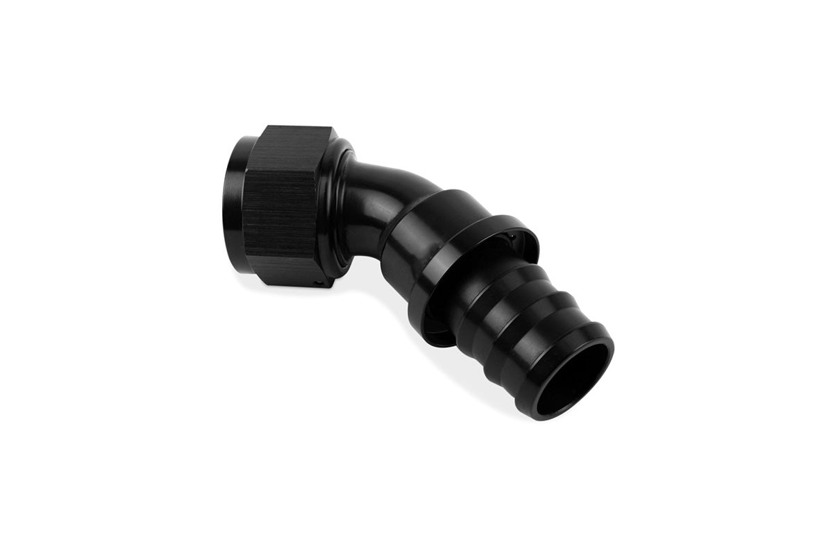 RaceFlux 45-Degree Push-Lock Hose End Fitting, Barb to AN Female