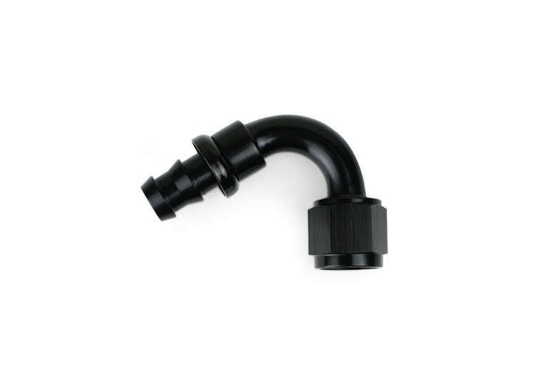 RaceFlux 120-Degree Push-Lock Hose End Fitting, Barb to AN Female