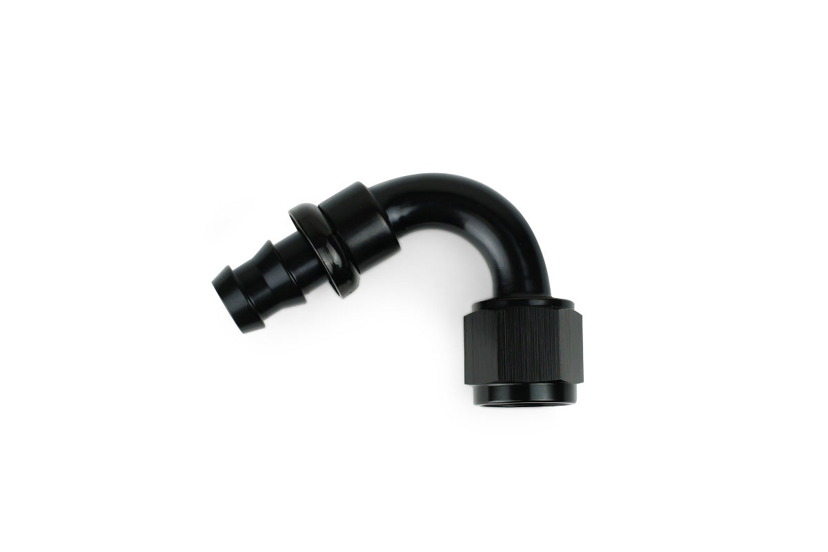 RaceFlux 120-Degree Push-Lock Hose End Fitting, Barb to AN Female