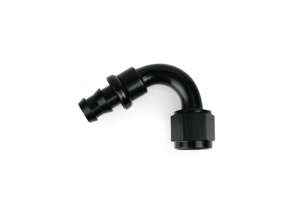 RaceFlux 120-Degree Push-Lock Hose End Fitting, Barb to AN Female