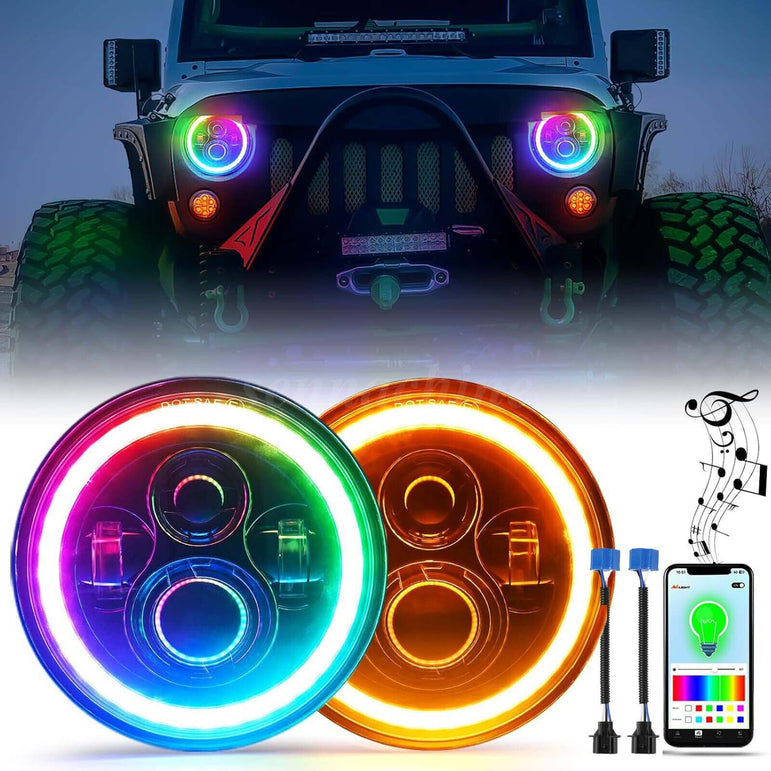 NTXGlow 7 Inch Round RGB LED Halo Headlights (Jeep Wrangler) - JSI Racing 
