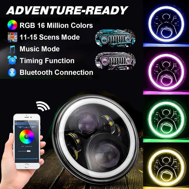NTXGlow 7 Inch Round RGB LED Halo Headlights (Jeep Wrangler) - JSI Racing 