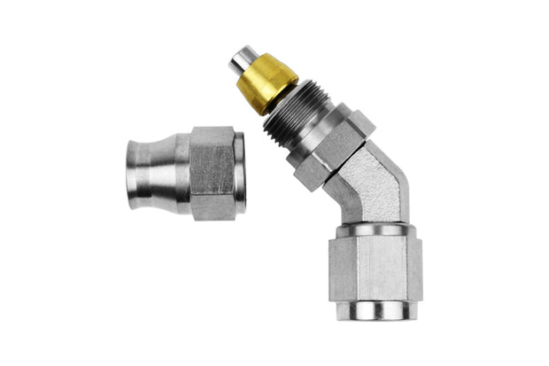 RaceFlux PTFE 45-Degree Double Swivel Hose End Fitting, Stainless Steel